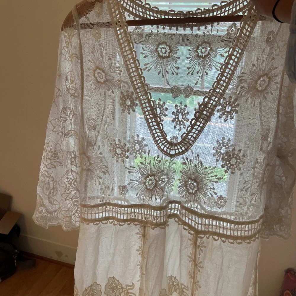White Floral Lace Crochet Small Beach Cover Up Sheer Boho Mini Dress Festival